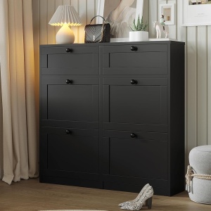 PANA31 - Pantofar 105cm ingust, 4 compartimente si 2 sertare, pantofare, depozitare pantofi, mobilier hol - Alb / Negru - Img 3