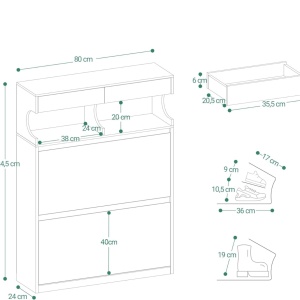 PANA35 - Pantofar 80 cm ingust, 2 compartimente, Sertare si Rafturi, pantofare, depozitare pantofi, mobilier hol - Alb / Negru - Img 6