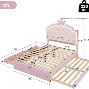 PARC203 - Pat tapitat cu LED, 90 / 140 x 200 cm - patut copii, fetite cu sau fara Spatiu depozitare sau Sertar - Piele ecologica Roz - Img 3