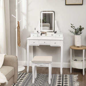 SEA338 - Set Masa toaleta, 80 cm, cosmetica machiaj cu oglinda cu LED si scaun, masuta vanity - Alb