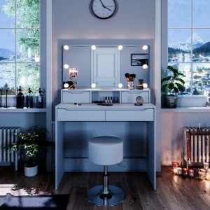 SEA341 - Set Masa alba toaleta moderna, 100 cm, cosmetica machiaj oglinda masuta vanity cu oglinda cu LED sau fara LED