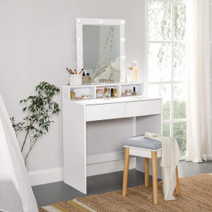 SEA347 - Set Masa alba toaleta, 80 cm, cosmetica machiaj oglinda masuta vanity cu oglinda cu LED