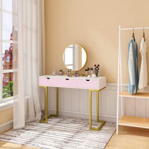 SEA373 - Set Masa toaleta, 100 cm, cosmetica machiaj, oglinda, masuta vanity - Alb-Auriu-Roz