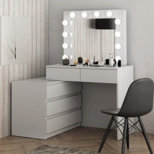 SEA541 - Set Masa toaleta, 130 cm, cosmetica machiaj oglinda masuta vanity, oglinda cu LED-uri cu sau fara scaun - Alb