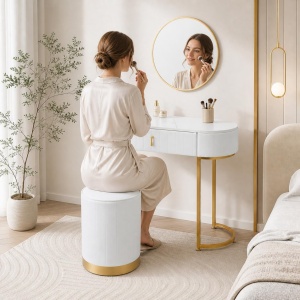 SEA75 - Set Masa toaleta, 100 cm, cosmetica, masa machiaj cu oglinda, masuta vanity cu scaun - Alb-Auriu - Img 4
