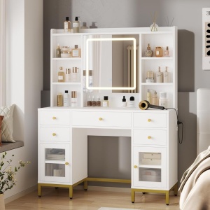 SEA827 - Set Masa toaleta 110 cm, cu Priza si USB, 5 Sertare, rafturi, Oglinda cu LED, Organizator Bijuterii, masuta vanity, make-up - Alb - Auriu - Img 5