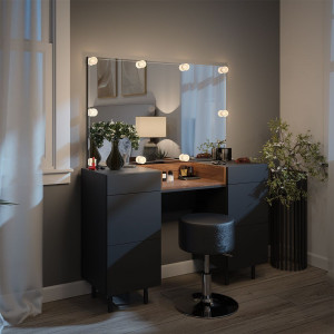 SEG215 - Set Masa toaleta 120 cm cosmetica machiaj, oglinda cu sau fara LED, masuta vanity cu sau fara scaun - Gri Antracit - Maro