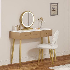 SEM233 - Set Masa toaleta, 100 cm, cosmetica machiaj, oglinda cu LED, masuta vanity, scaun tapitat - Maro - Alb - Auriu