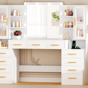 Set Masa toaleta alba 160 cm, cu Priza si USB, cosmetica, machiaj, oglinda cu LED, masuta vanity cu Blat de Sticla, make-up - SEA437 - Img 9
