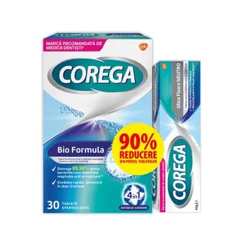 Pachet Crema adeziva pentru proteza Corega Neutro 40g + Tablete efervescente Corega Bio Formula, 30 tablete, Gsk