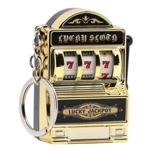 Breloc Lucky Slot Machine, Auriu, interactiv, maneta functionala, 6 cm x 4 cm