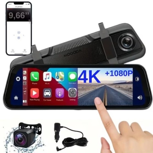 Camera de bord auto tip OGLINDA WiFi 4K , Fata 4K + spate 1080P, Touch Screen de 9,66 inch, Carplay si Android auto, Transmitator FM, Senzor-G, Night-Vision , Negru deschis, NAVIGATIE UNIVERSALA