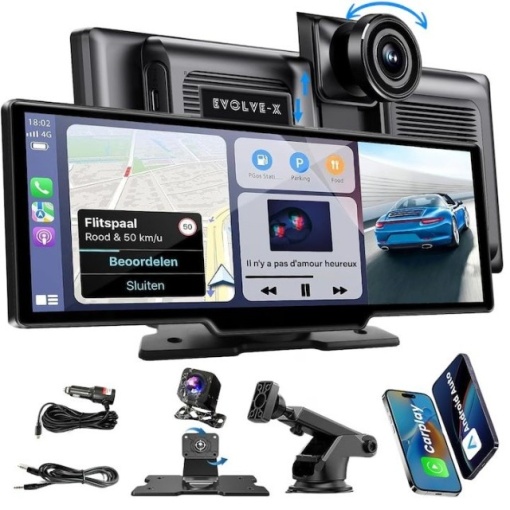 Navigatie Auto UNIVERSALA MARE 2 CAMERE, INCLUSE Display Touchscreen de 10.26 inch, compatibila cu Apple Carplay si Android Auto wireless, Oglindire ecran wireless, Camera trafic frontala + Camera marsarier inclusa, Aplicatie Wi-Fi, Bluetooth Audio, negru