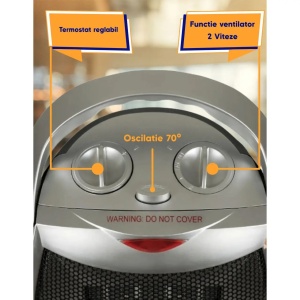 Aeroterma ceramica HAUSBERG HB-8770, 1500W, Termostat Reglabil, 2 Viteze, Functie Ventilator, Siguranta Anti Cadere, Silentios, Maner transport, Argintiu - Img 2