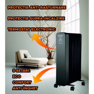Calorifer electric Digital cu Telecomanda Hausberg HB-8950NG, 2000W, 9 elementi, 3 setari, Termostat electronic, Protectie supra-incalzire, Protectie anti-rasturnare, Negru - Img 7