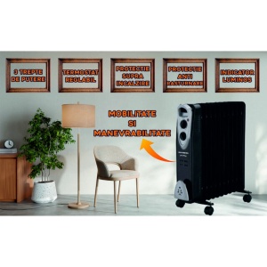 Calorifer electric Hausberg HB-8911NG, 2500 W, 11 elementi, 3 trepte de putere, Termostat reglabil, Protectie supra-incalzire, Protectie anti-rasturnare, Indicator luminos, Negru - Img 2
