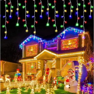Instalatie Turturi 900C, cu Cablu Alb, 200 LED-uri, Colorate, 10 metri, Tip Franjuri, de Exterior, Interconectabil cu Flash Led