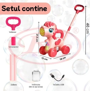 Jucarie interactiva 2 in 1 de impins cu baloane de sapun si lumini LED Unicorn - Img 3