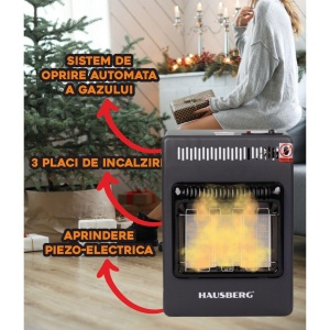 Mini Soba pe gaz GPL, HB-1023NG, aprindere piezo-electrica, 3 placi de incalzire ceramic putere totala 4.2kW, sistem de oprire automata a gazului, Negru - Img 4