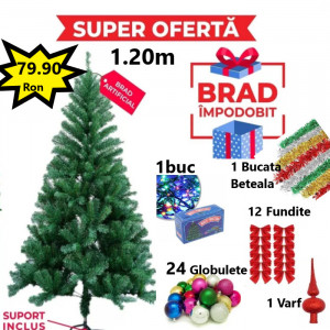 Oferta Brad Artificial de Craciun 120 cm, Suport Inclus + Cadou Accesorii Impodobit- Instalatie Colorata 100Led, 24 Globulete, 1 Beteala, 1 Varf Brad si 12 Fundite Rosii - Img 5