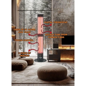 Radiator electric digital cu telecomanda Hausberg HB-8570NG, 3000W, 3 trepte incalzire, tub dublu din fibra de carbon, protectie IP45, termostat digital, Negru - Img 2