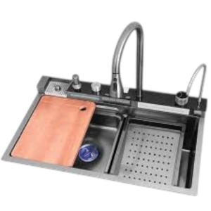 Set chiuveta multifunctionala HAUSBERG HBC-9955NG din otel inoxidabil, baterie dubla, cuva perforata fructe/legume, cuva universala cu dop scurgere, tocator, 750x460x220 mm, accesorii incluse, Negru - Img 2