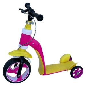 Trotineta ride-on convertibila 2in1: tricicleta si trotineta, cu frane, Galben-Roz