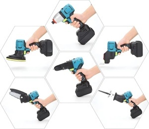 Trusa ,Set 8 Scule Electrice Inclus Surubelnita/Burghiu cu Percutie/Polizor/Ferastrau Sabie/Ferastrau cu Lant/Convertor Power Bank/Gazda Fara Perii, Acumulatori 21V, Incarcator Etc - Img 2