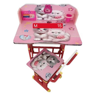 Birou cu scaun pentru copii, Roz, M15, reglabil, cu numaratoare si ceas, Pisicute, 01250CLT