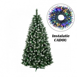 Brad Artificial de Craciun, UNGARIA, 180 cm Inaltime, Verde cu Varfuri Ninse, cu Suport si Instalatie Cadou