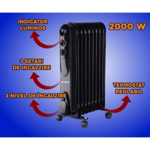 Calorifer electric cu ulei HAUSBERG HB-8915, 3 trepte, 800-1200-2000 W, 9 elementi 110 mm x 580 mm, termostat reglabil, maner si rotite pentru o deplasare facila, indicator luminos functionare, negru - Img 3