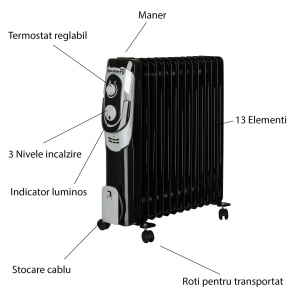 Calorifer electric Hausberg HB-8930NG, 2500 W, 13 elementi, 3 nivele de putere, termostat reglabil, Negru - Img 5