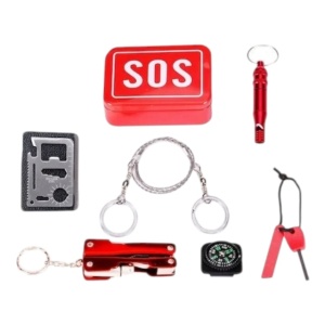 Kit supravietuire SOS 7in1, toate accesoriile necesare intr o cutie metalica - Rosu - Img 2
