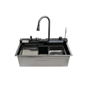 Set chiuveta multifunctionala HAUSBERG HBC-9955NG din otel inoxidabil, baterie dubla, cuva perforata fructe/legume, cuva universala cu dop scurgere, tocator, 750x460x220 mm, accesorii incluse, Negru - Img 3