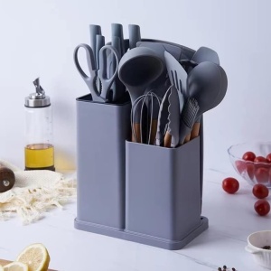 Set ustensile de bucatarie 19 piese, Silicon alimentar si Lemn, Rezistente la caldura,cu suport depozitare si tocator inclus - Img 3