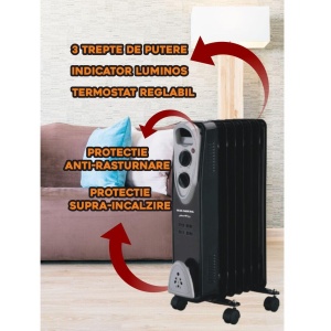 Calorifer electric Hausberg HB-8907NG, 1500 W, 7 elementi, 3 trepte de putere, Termostat reglabil, Protectie supra-incalzire, Protectie anti-rasturnare, Indicator luminos, Negru - Img 2