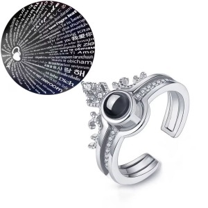 Inel reglabil cu cristal Zirconiu gravat cu proiectie "Te Iubesc" de 100 de ori in 100 de limbi, din aliaj SILVER (LICHIDARE STOC)