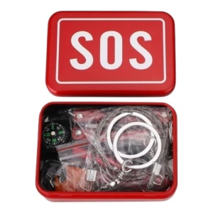 Kit supravietuire SOS 7in1, toate accesoriile necesare intr o cutie metalica - Rosu - Img 3