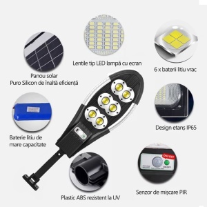 Lampa Solara Stradala cu Telecomanda, Cu Panou Solar Incorporat, De Exterior, 156 COB 6 LED, cu Senzori de Amurg, Miscare si Lumina, IP65 Wateproof, 3 Moduri Functionare, Brat de Montare Inclus, Negru - Img 4