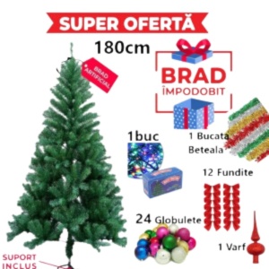 Oferta Brad Artificial de Craciun 180cm, Suport Inclus + Cadou Accesorii Impodobit- Instalatie Colorata , 24 Globulete, 1 Beteala, 1 Varf Brad si 12 Fundite Rosii