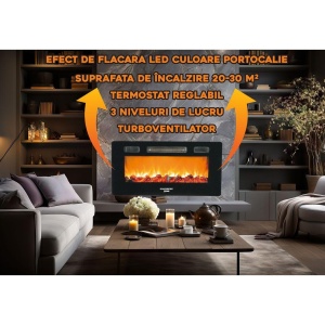 Semineu electric de perete Hausberg HB-8225, 1800W, Telecomanda, 3 Niveluri de lucru, Turboventilator, Elect de flacara led culoare portocalie, Termostat reglabil, Fier + sticla - Img 3