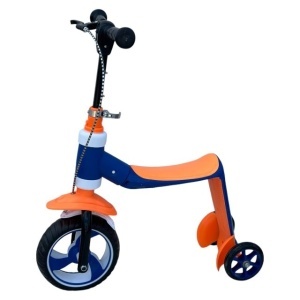 Trotineta ride-on convertibila 2in1: tricicleta si trotineta, cu frane, Albastru-Portocaliu