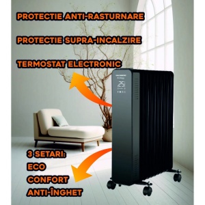 Calorifer electric Digital cu Telecomanda Hausberg HB-8955NG, 2500W, 11 elementi, 3 setari, Termostat electronic, Protectie supra-incalzire, Protectie anti-rasturnare, Negru - Img 8