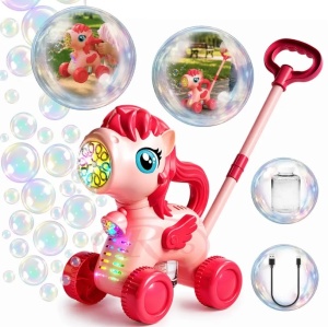 Jucarie interactiva 2 in 1 de impins cu baloane de sapun si lumini LED Unicorn