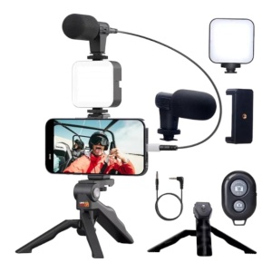 Kit Vlogging Profesional pentru filmari video Youtube, TikTok, Telecomanda bluetooth, Trepied pliabil tip pistol, Lampa LED, Microfon, Compatibil cu aparat foto/smartphone, 6 piese - Img 1