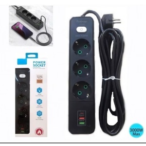 Prelungitor Electric 3 Prize Schuko, Cablu 3 m, + 2x USB + 1x Type-C, Cu Intrerupator, Protectie Copii, Material Ignifug 750°C, Negru