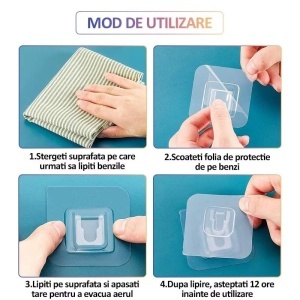 Set 10 x suport dublu cu autoadeziv , fixare/agatare diverse obiecte, aplicabil pe diverse suprafete, plastic ABS, adeziv puternic, transparent - Img 3