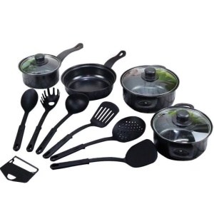 Set Piese Oale si Tigai, Antiaderente, cu accesorii, 13 piese, negru