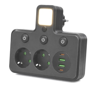 Adaptor Multipriză 2500W cu 2 Prize Schuko, 2 USB-A, 2 USB-C PD, Lumină LED de Veghe, Întrerupătoare Individuale, Negru