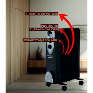 Calorifer electric Hausberg HB-8909NG, 2000 W, 9 elementi, 3 trepte de putere, Termostat reglabil, Protectie supra-incalzire, Protectie anti-rasturnare, Indicator luminos, Negru - Img 2
